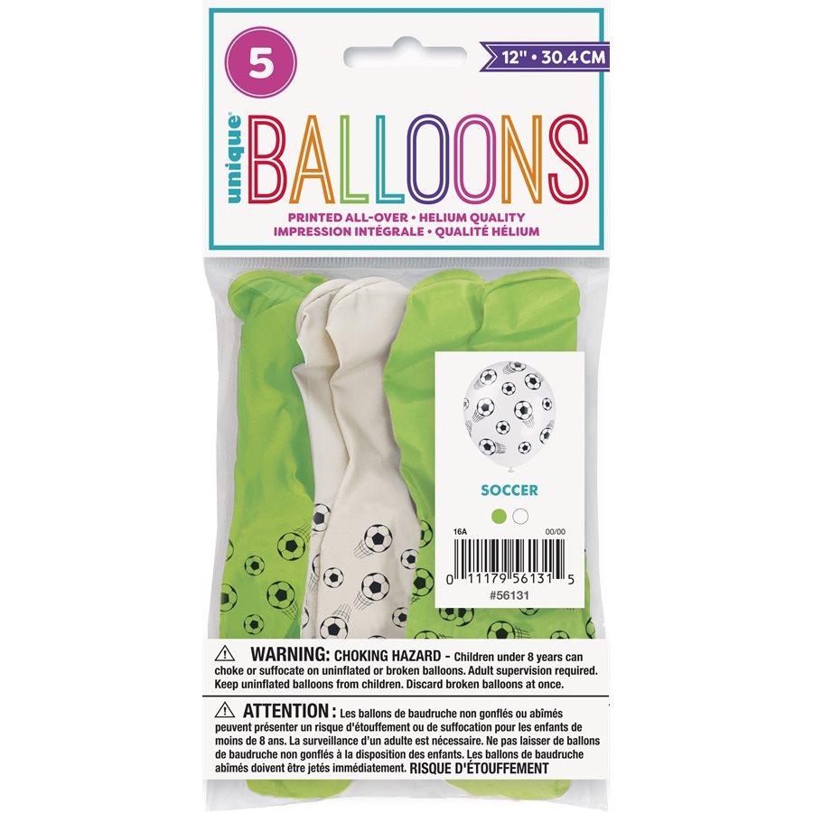 3D Soccer 5 Printed Latex Balloons 12in White and Green