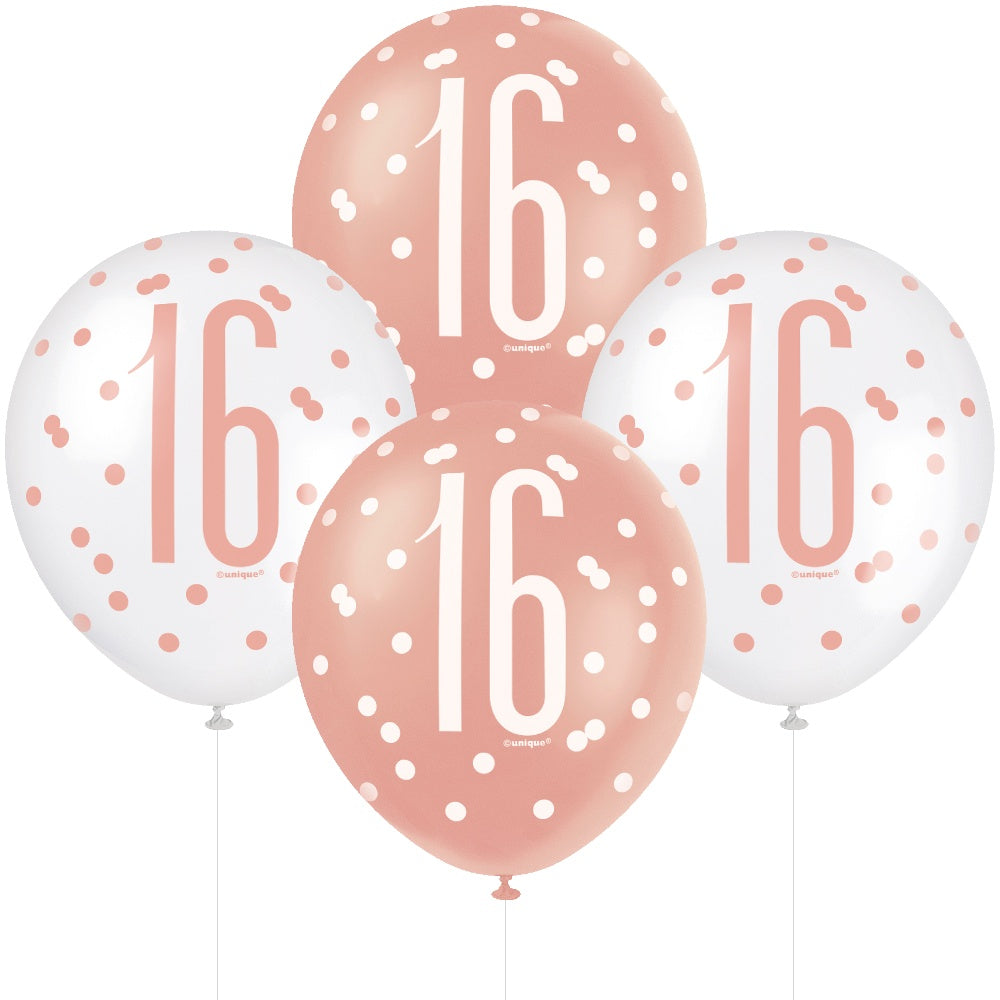 16 Ans 6 Ballons Latex 12po Imprimés Rose et Blanc