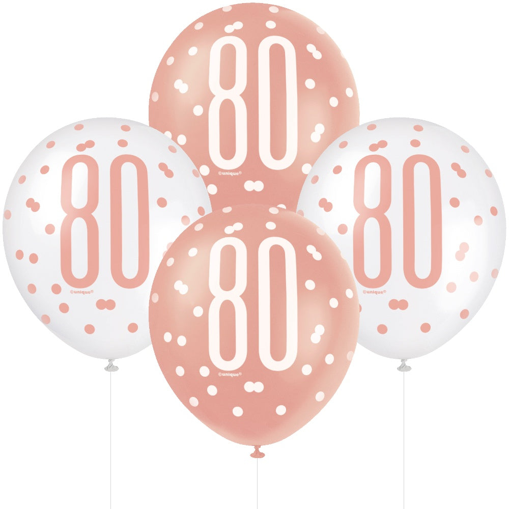 Age 80 6 Printed Latex Balloons 12in Pink and White