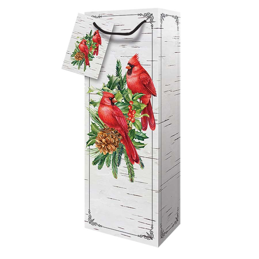 Christmas Bottle Gift Bag - Cardinal Print 4.75W x14.25H x 3.1D in