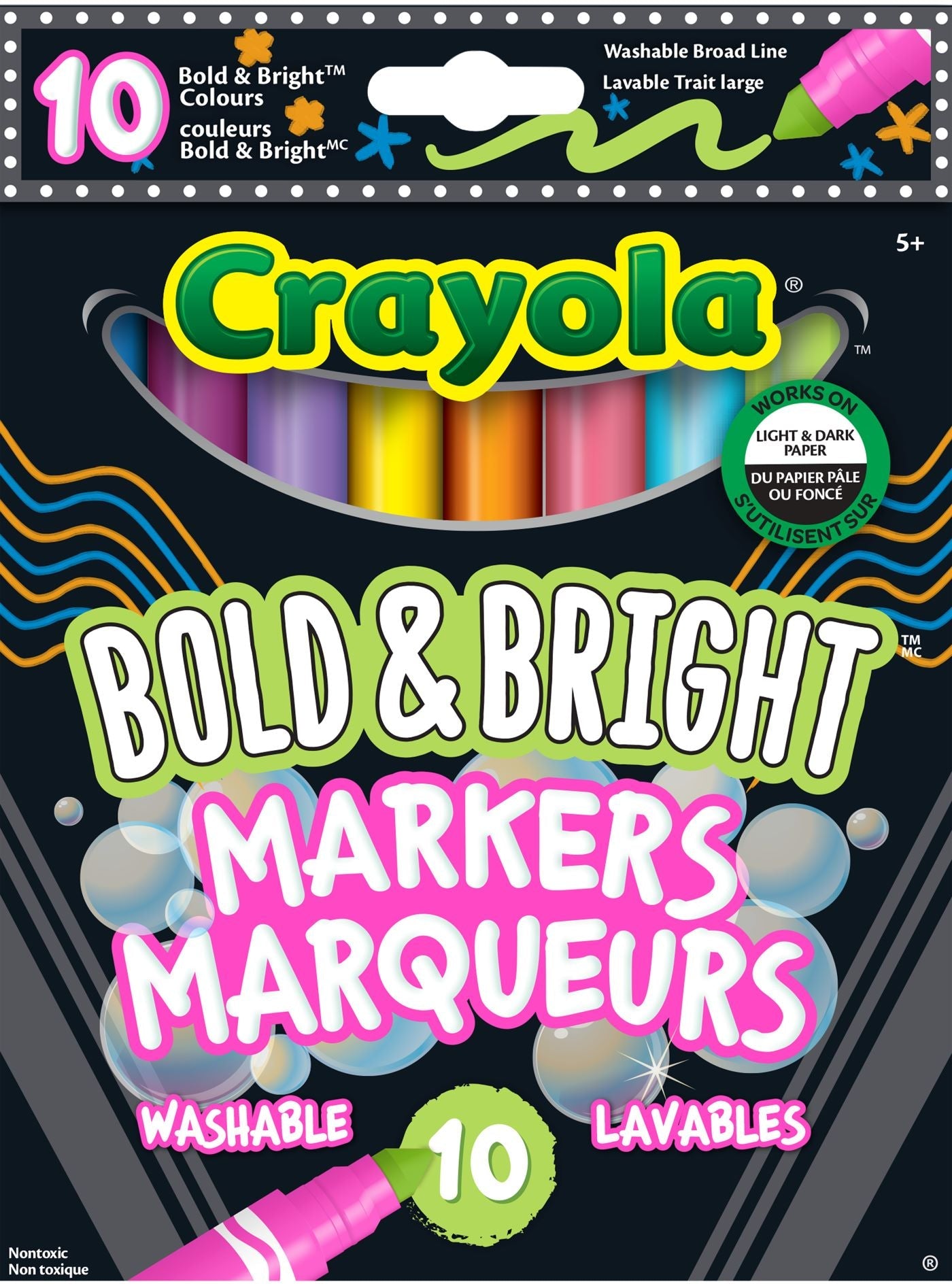 Crayola 10 Markers Bold and Bright Washable Broad Line for Dark or Light Paper 5+