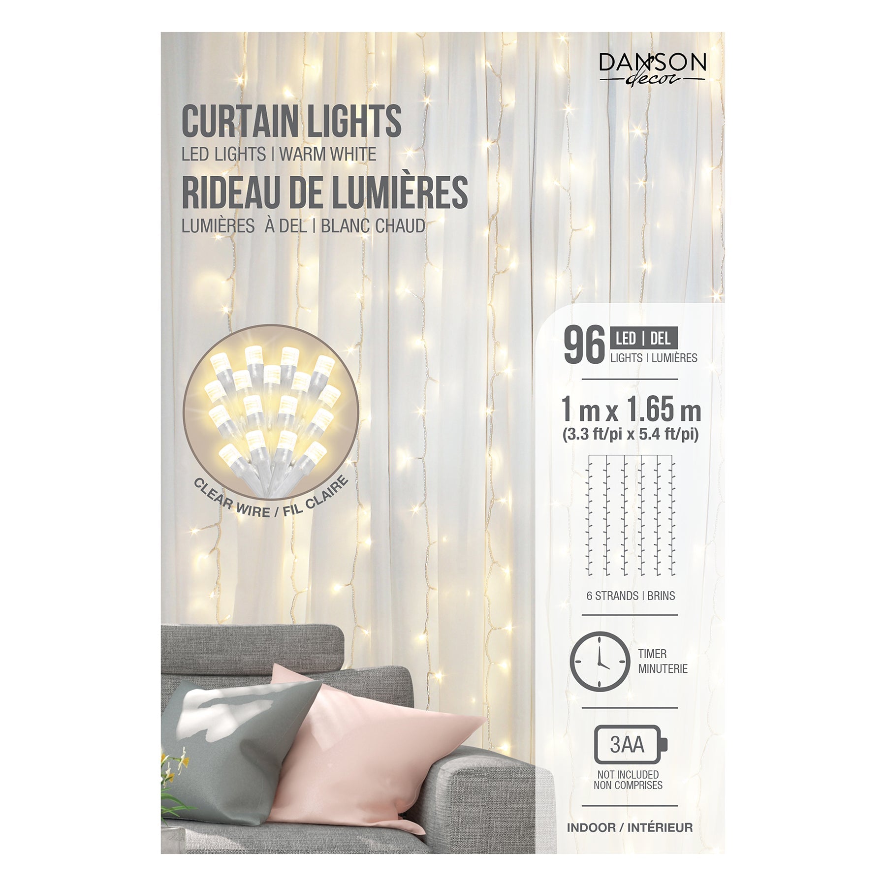 Christmas Led Lights Curtain Indoor with Timer Warm White Clear Wire 39x65in