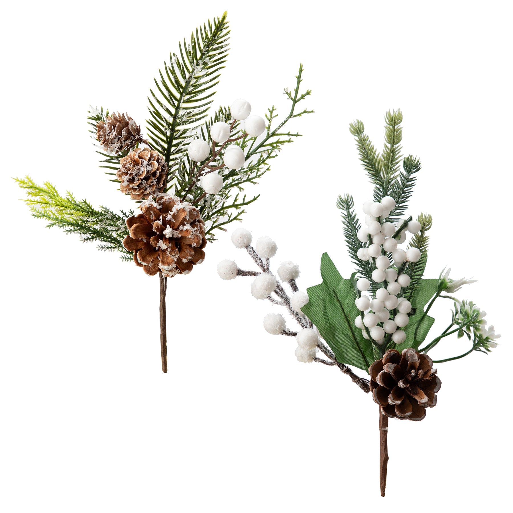 Christmas Mixed Green Pick with White Berries and Pinecone 11.8in VRT