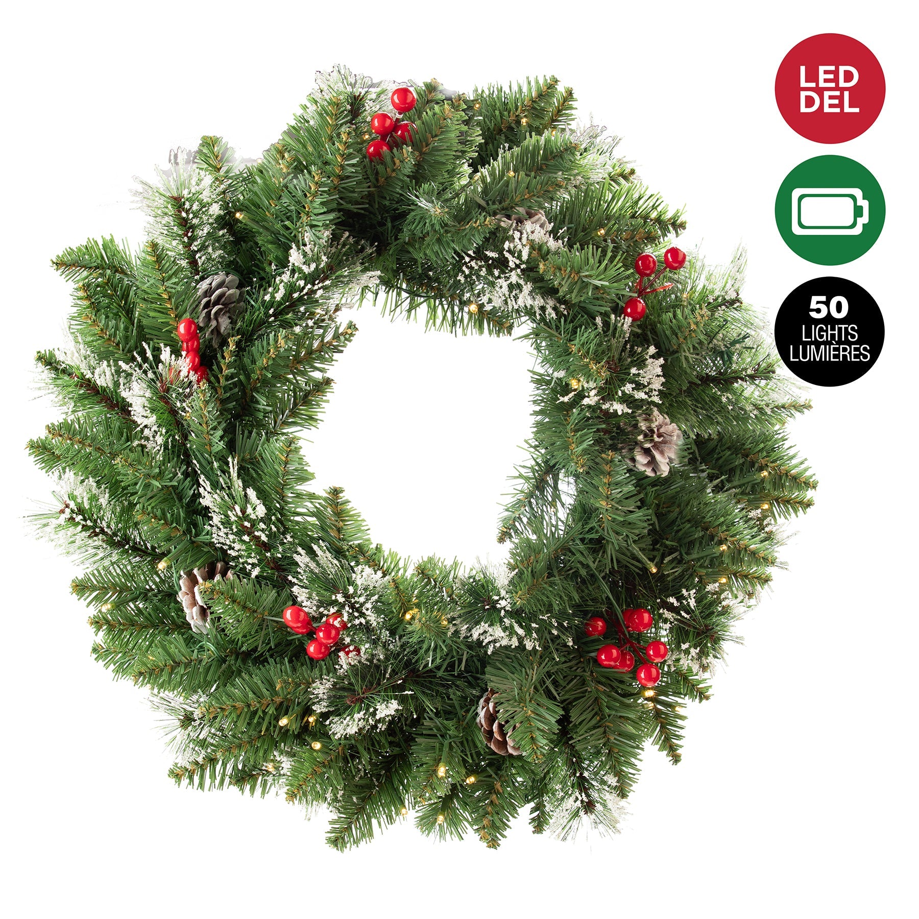 Christmas Plain and Frosted Pine Wreath with 50 Warm White 5mm Led Lights and Timer 24in