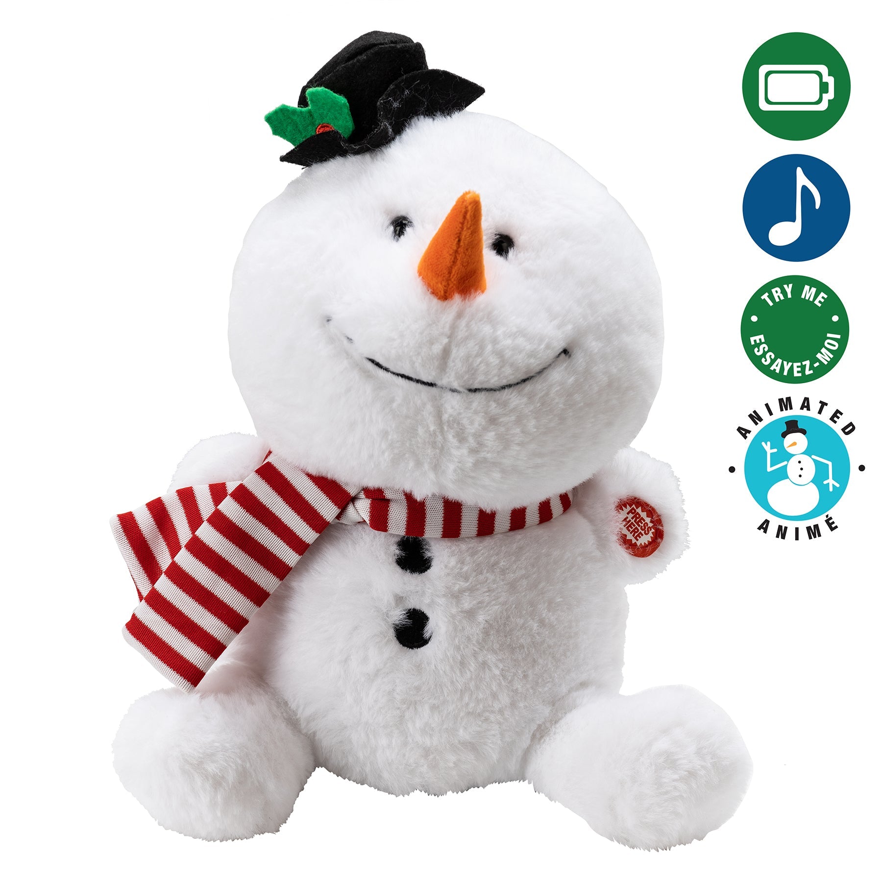 Christmas Animated Battery Operated Plush Sitting Snowman with Motion and Music 11in