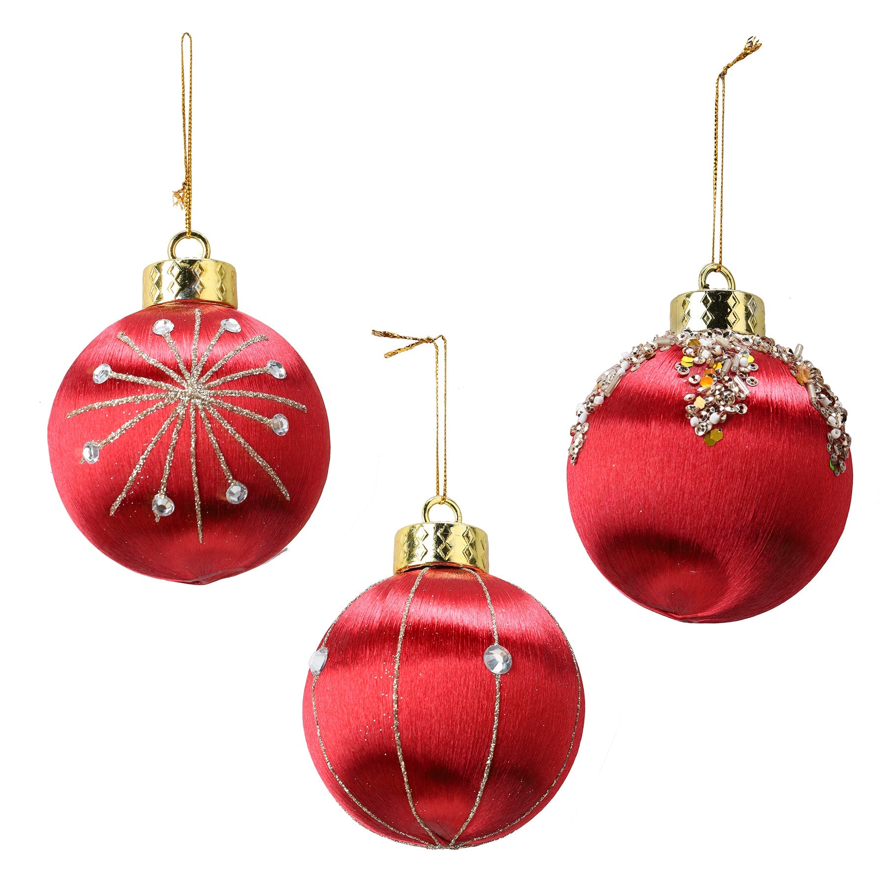 Christmas Red Fabric Ball Ornament Decorated with Transparent Beads 3.1in VRT