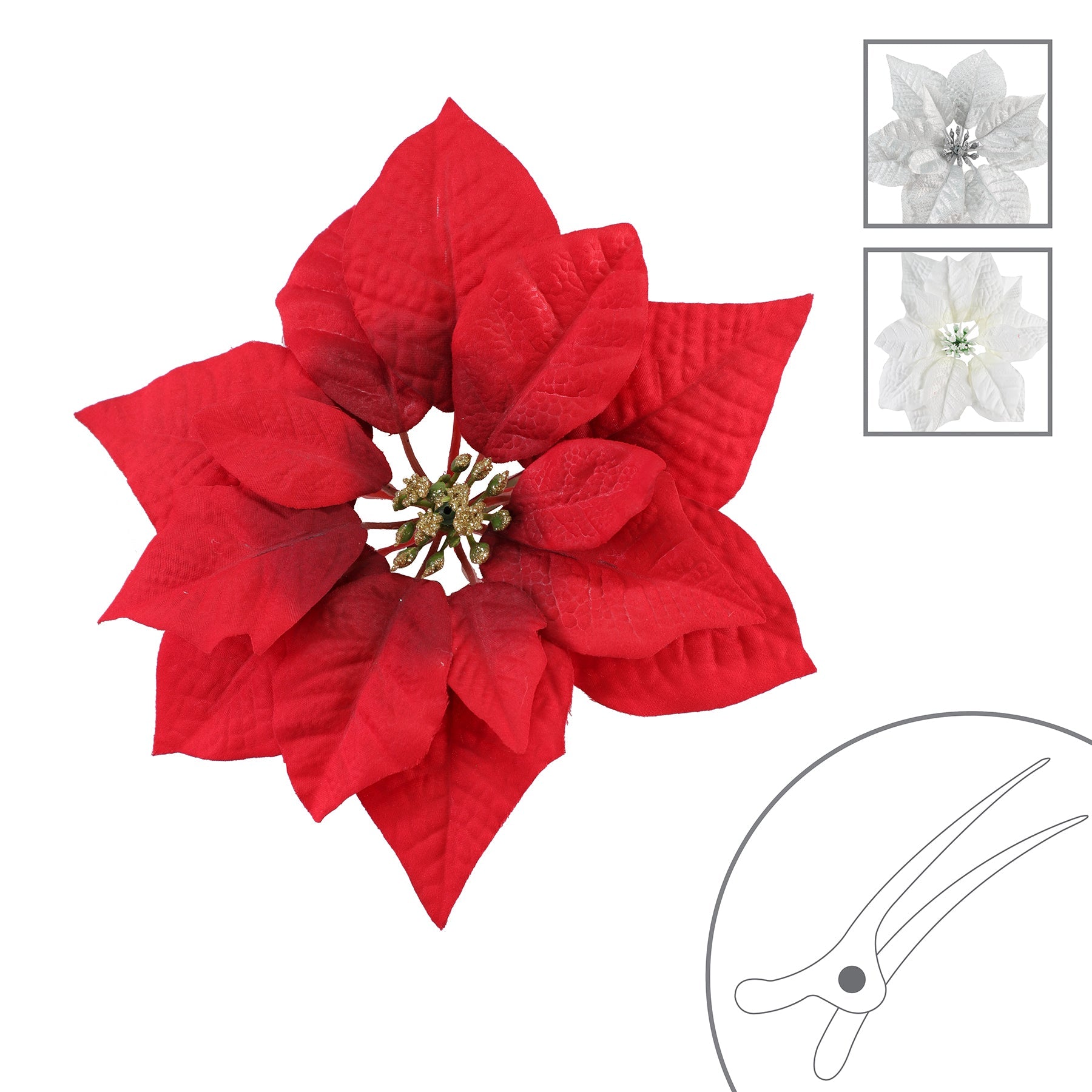 Christmas Poinsettia Head on Clip 9in VRT