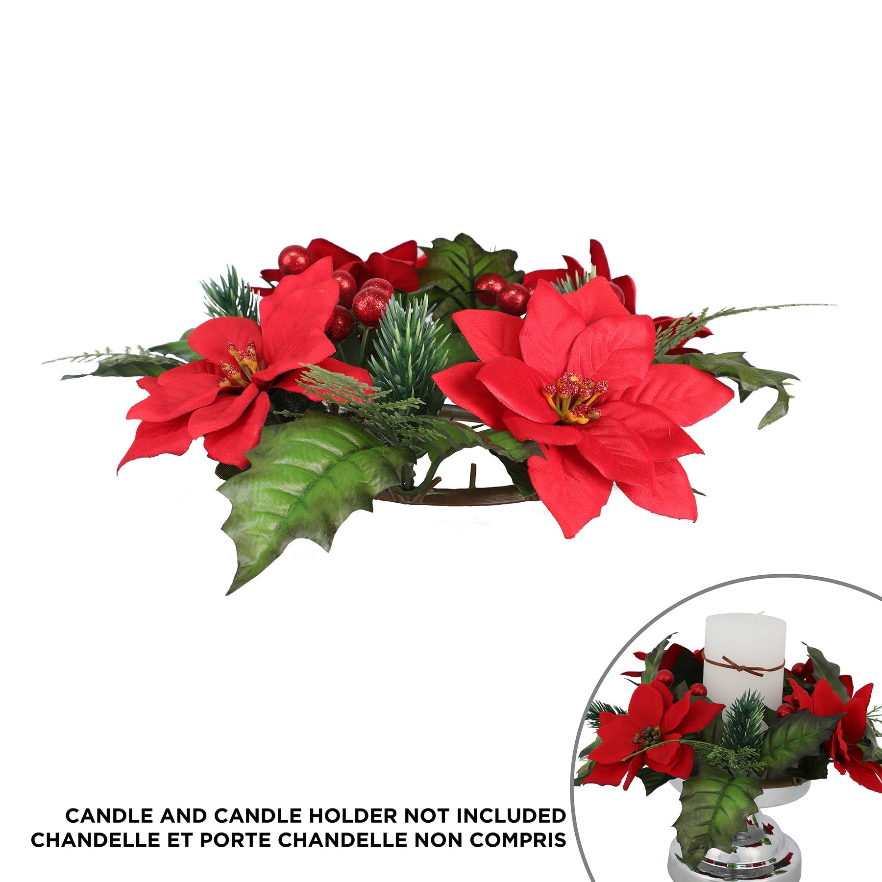 Christmas Poinsettia and Berry Candle Ring 12x4in