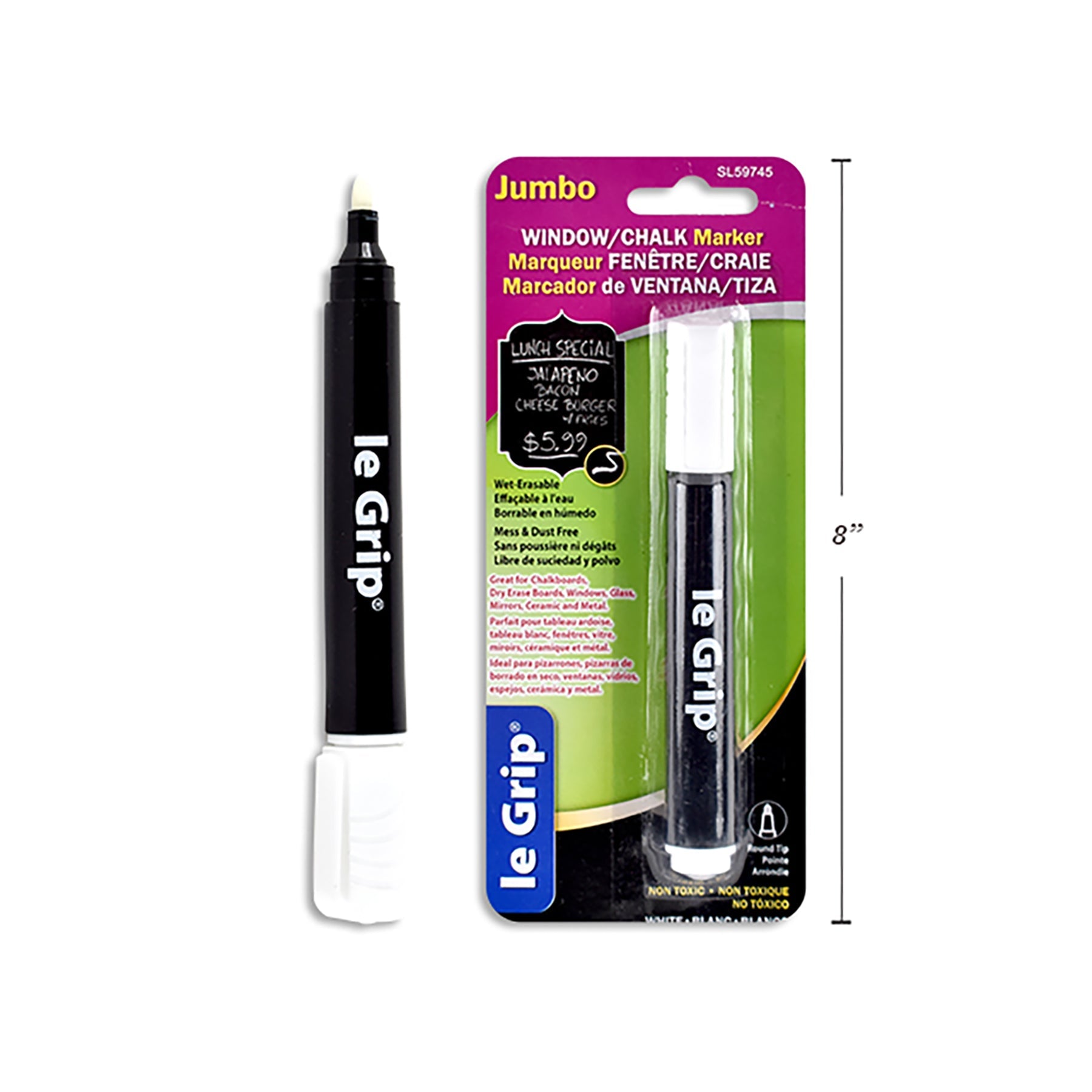 Le Grip Jumbo Window Chalk Marker Bullet Point White 5.35in