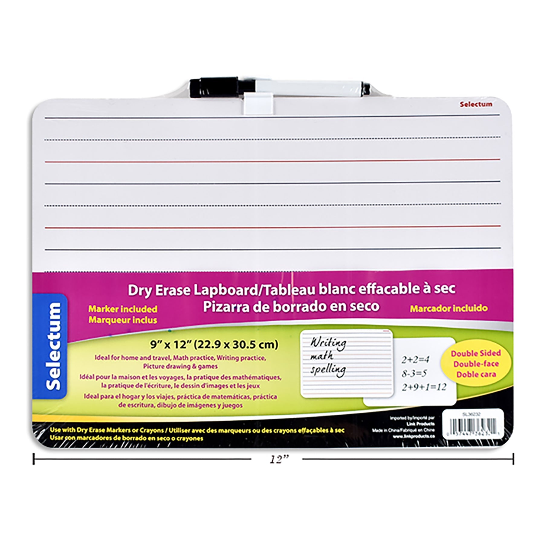 Selectum Dry Erase Lapboard 2 Sided Plain and Lined with Black Marker 9x12in