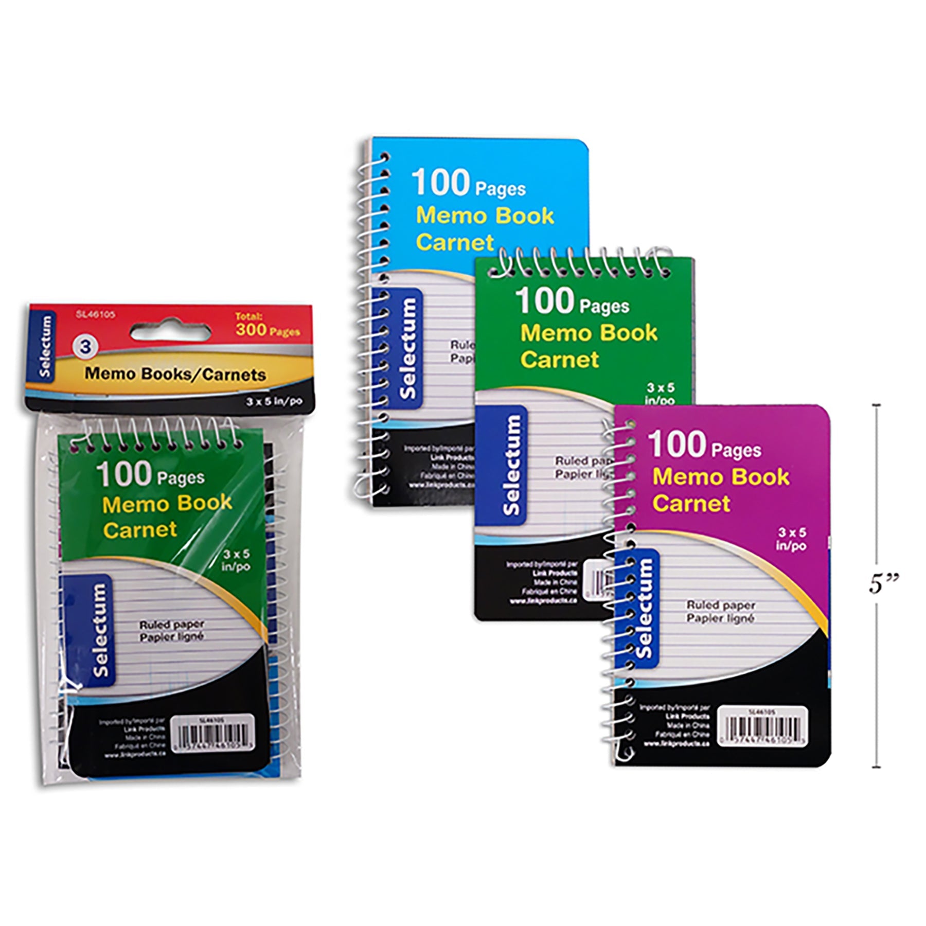 Selectum 3 Memo Pads 100 Ruled Pages each 3x5in