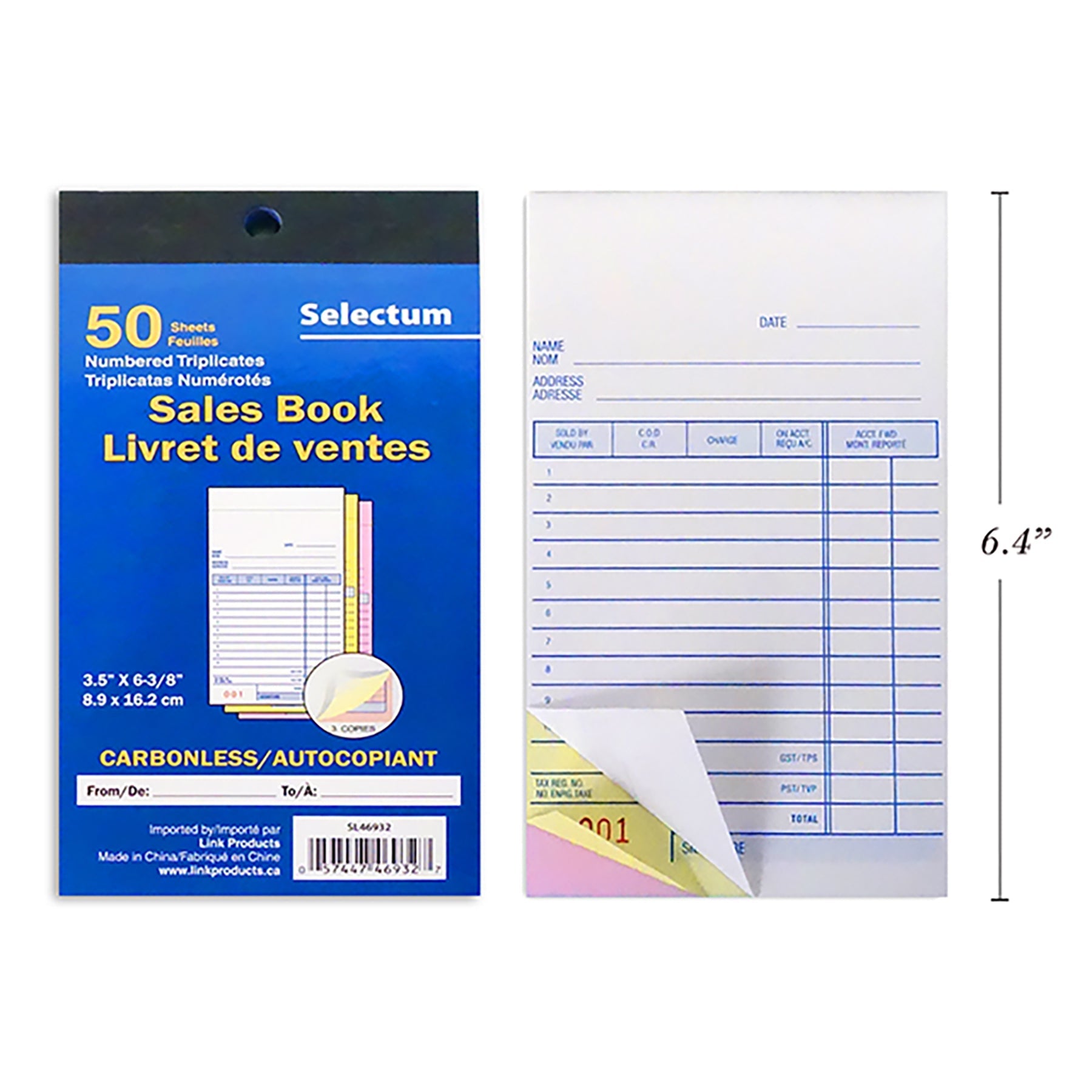 Selectum 50 Sheets Sales Book Tri-Carbonless 3.5x6.3in