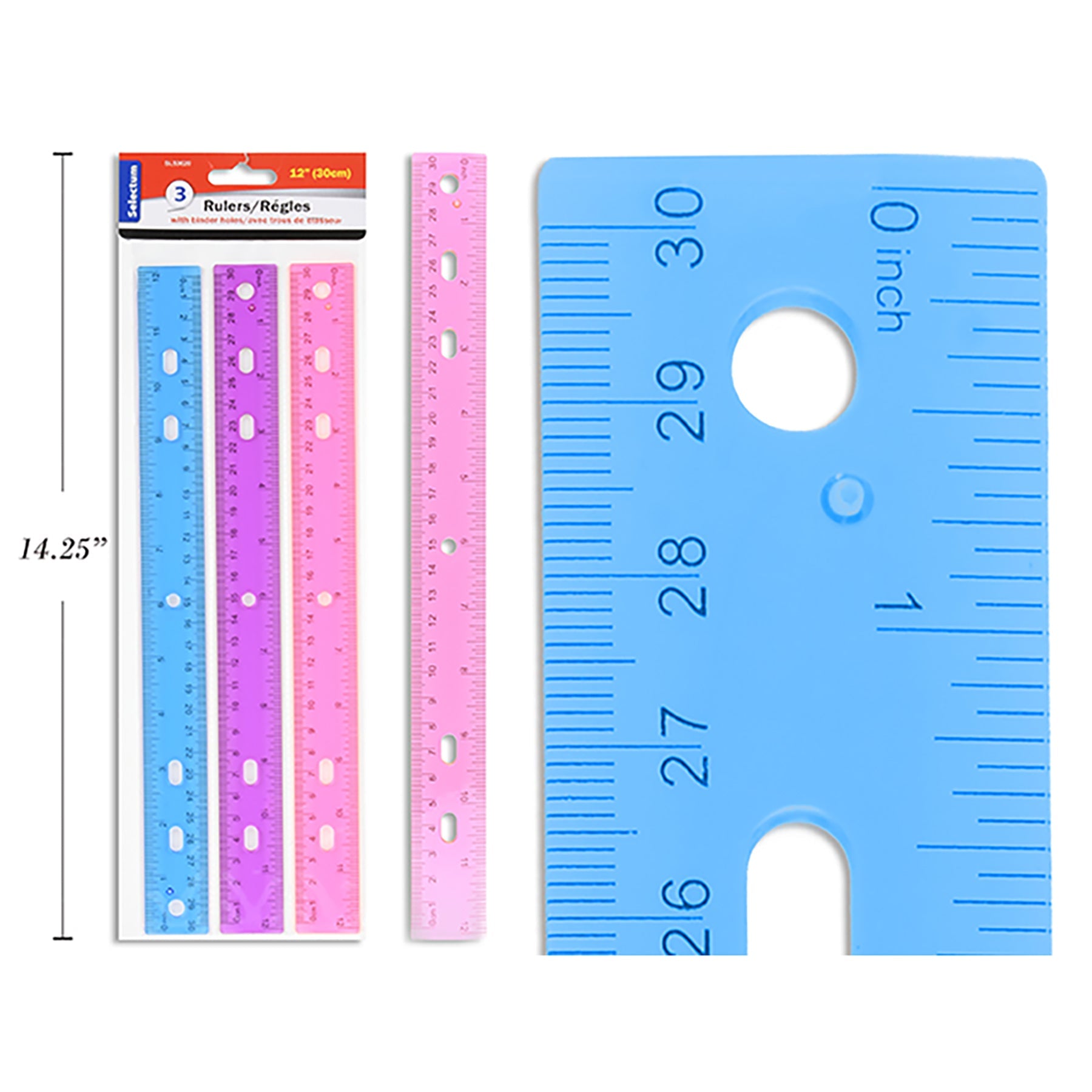 Selectum 3 Rulers with Binder Holes Plastic 12in