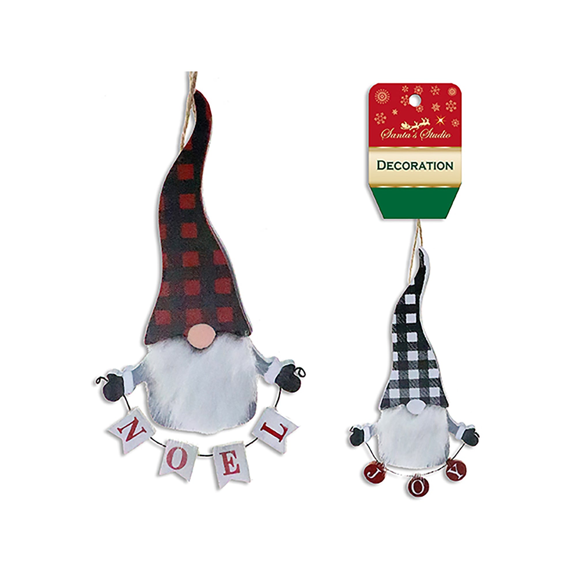 Christmas Buffalo Plaid Gnome Ornament with Banner MDF 5in VRT