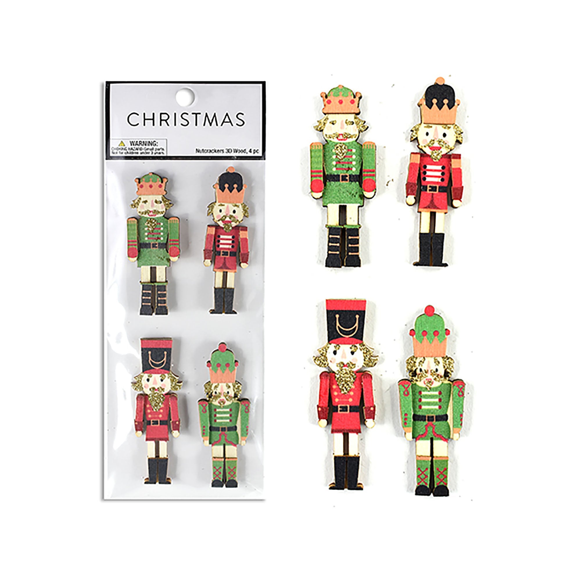 Christmas 4 Glitter MDF 2-Layer Nutcracker Stickers 2.5x1in