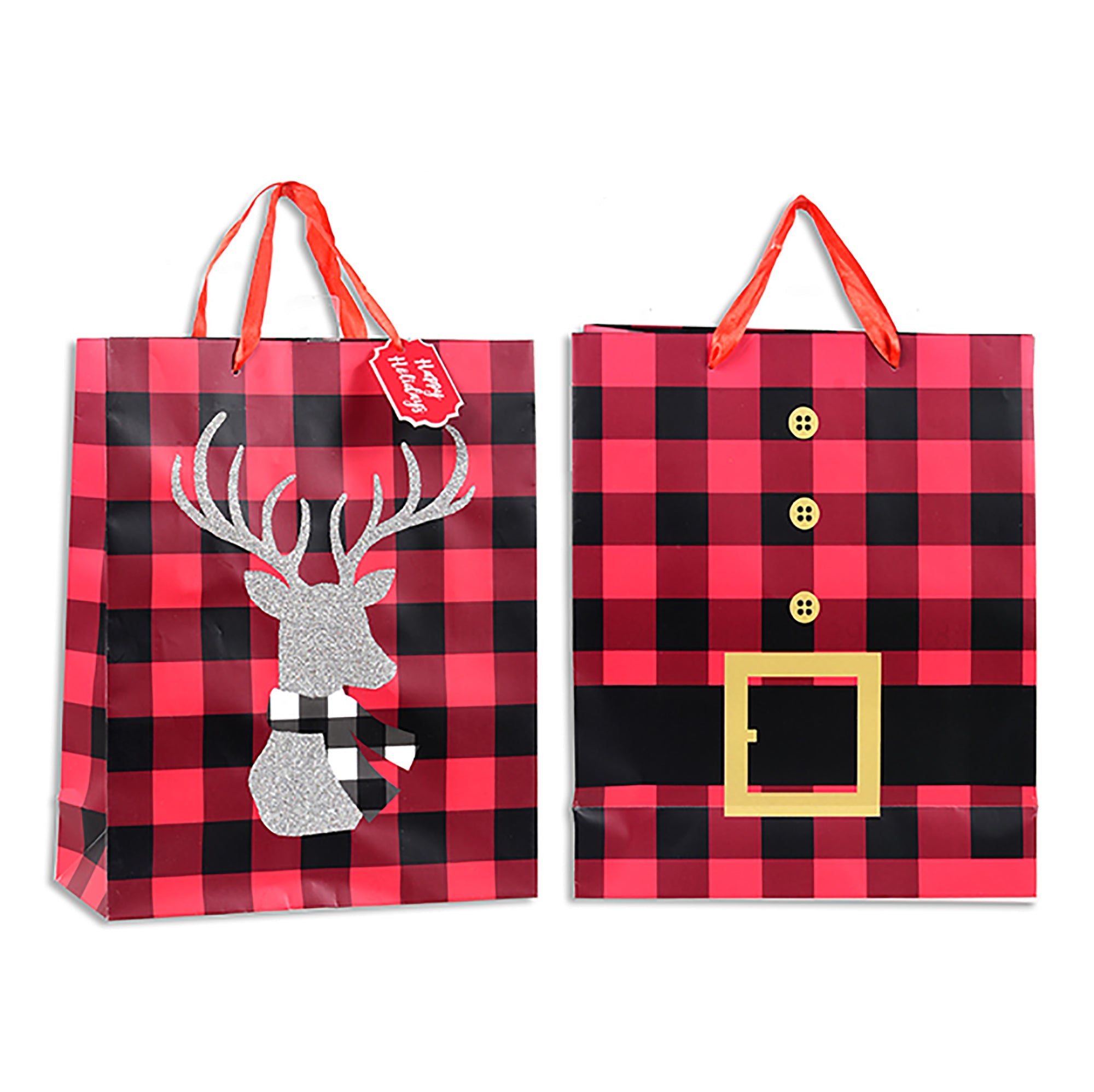 Christmas Medium Gift Bag Matte Buffalo Plaid with Glitter - Satin Handle with Tag VRT