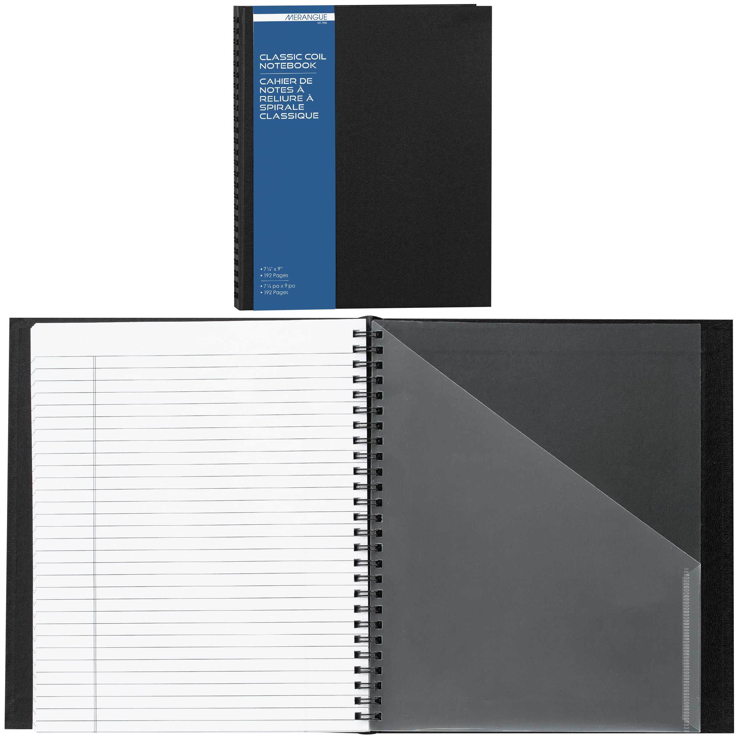 Merangue Classic Coiled Hard Cover Black Notebook - 192 Pages 9x7.25in