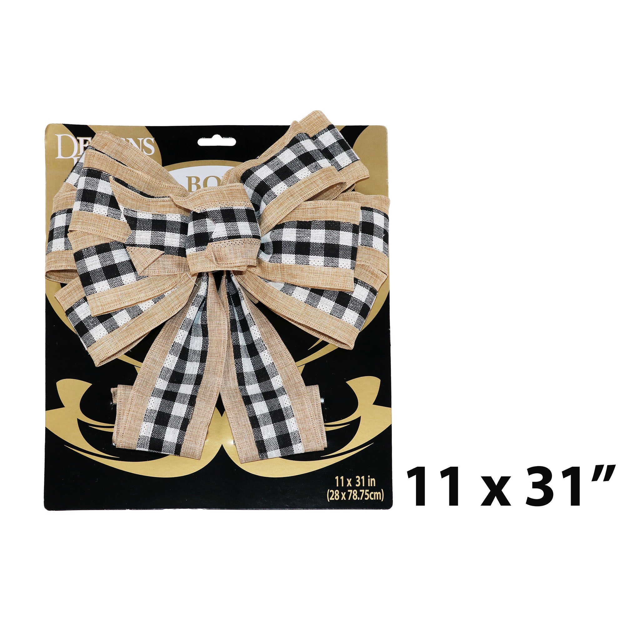 Christmas Natural Black and White Buffalo Plaid Tree Topper Bow 11x31in