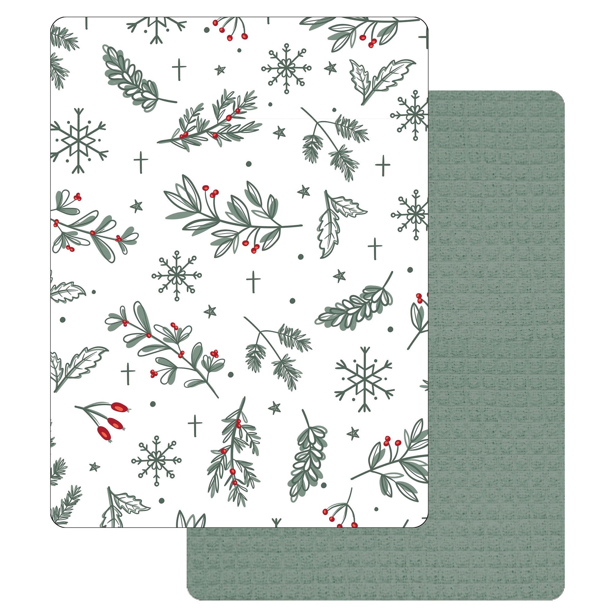 Christmas 2 Kitchen Towels Winter Foliage Print and Plain - 100% Cotton 16x27in (41x69cm)