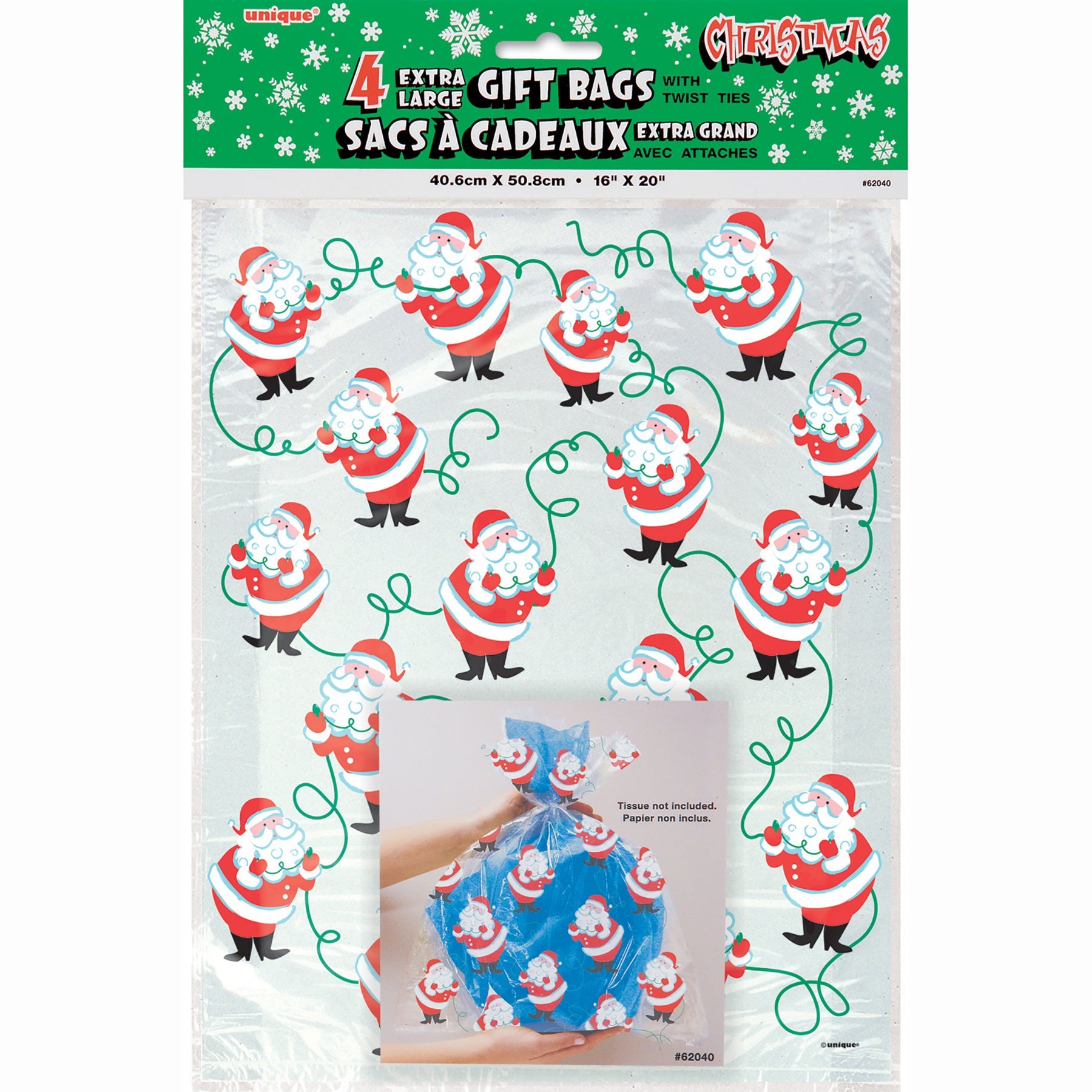 Christmas 4 Cello Bags with Twist Ties Extra Large 16x20in