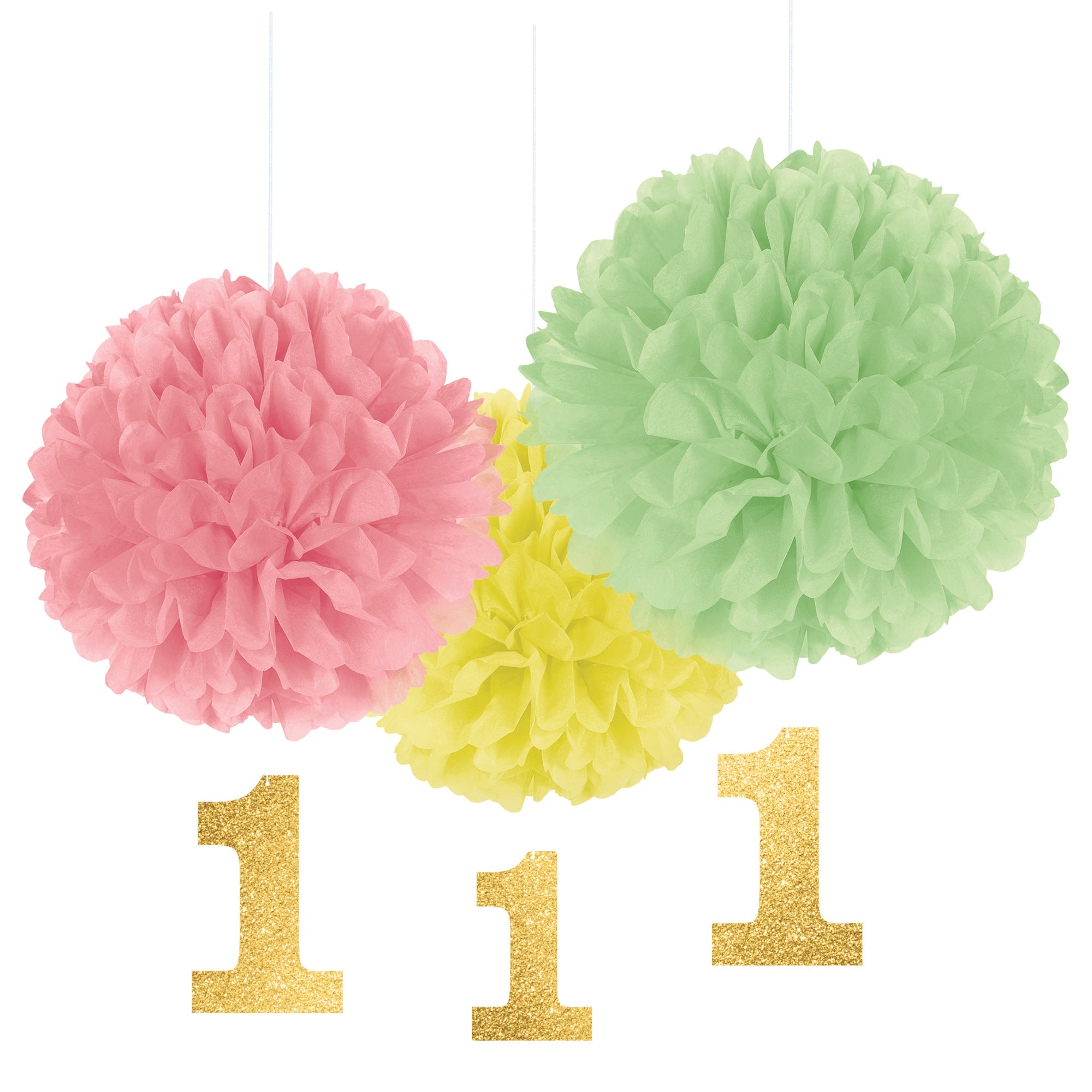 1st Birthday Girl 3 Fluffy Decorations w/Danglers Tissue Fluffy 16in  Glitter Paper Dangler 7in 