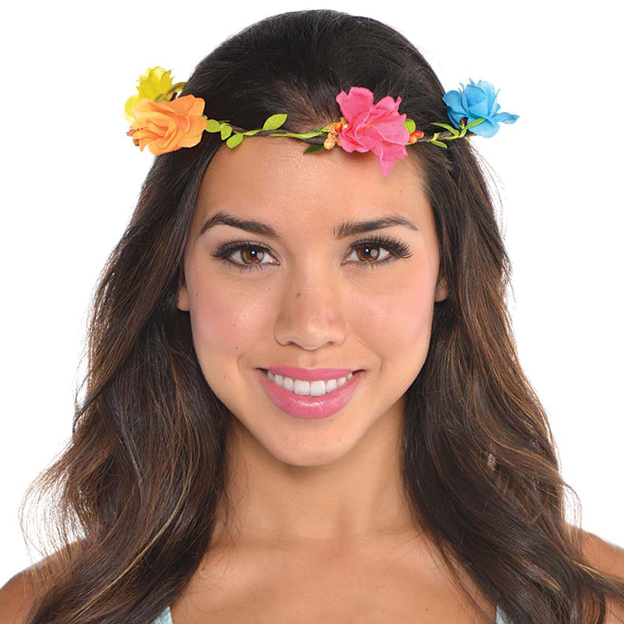 Head Wreath with Fabric Flowers  Neon  16in