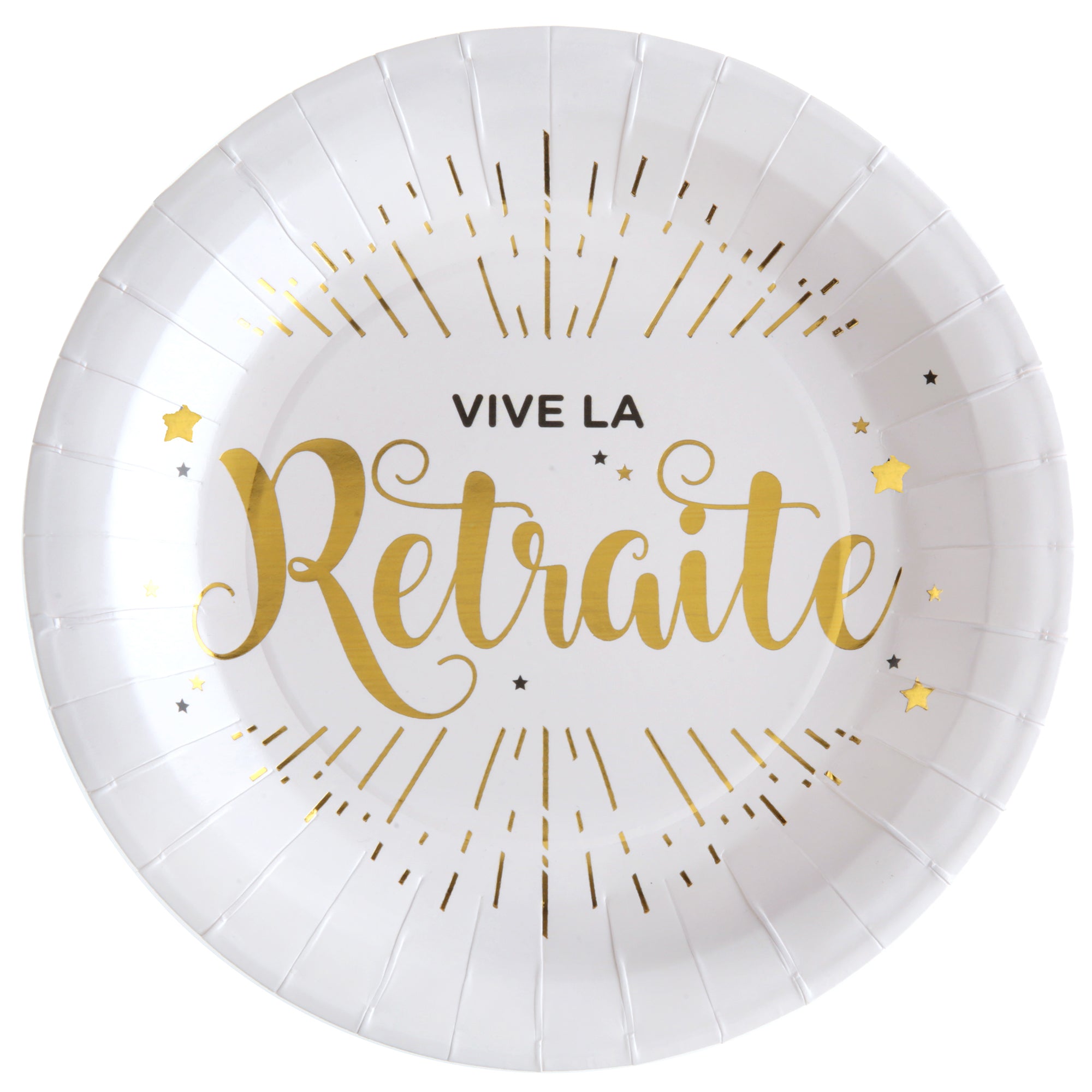 Vive La Retraite 10 Round Paper Plates White and Gold 9in