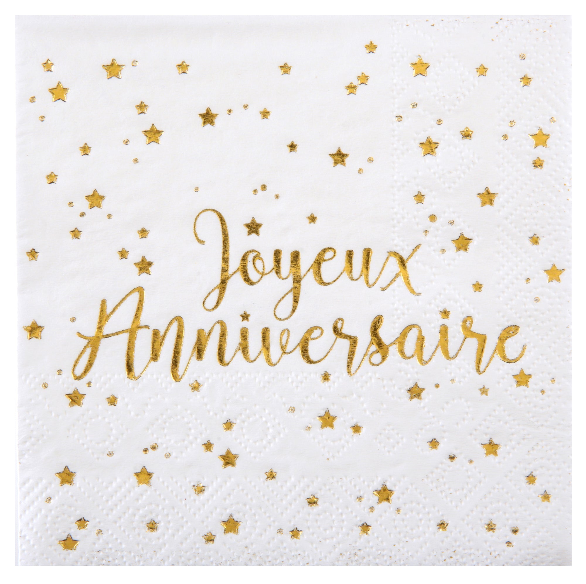 Joyeux Anniversaire 20 Beverage Napkins White and Gold 10x10in