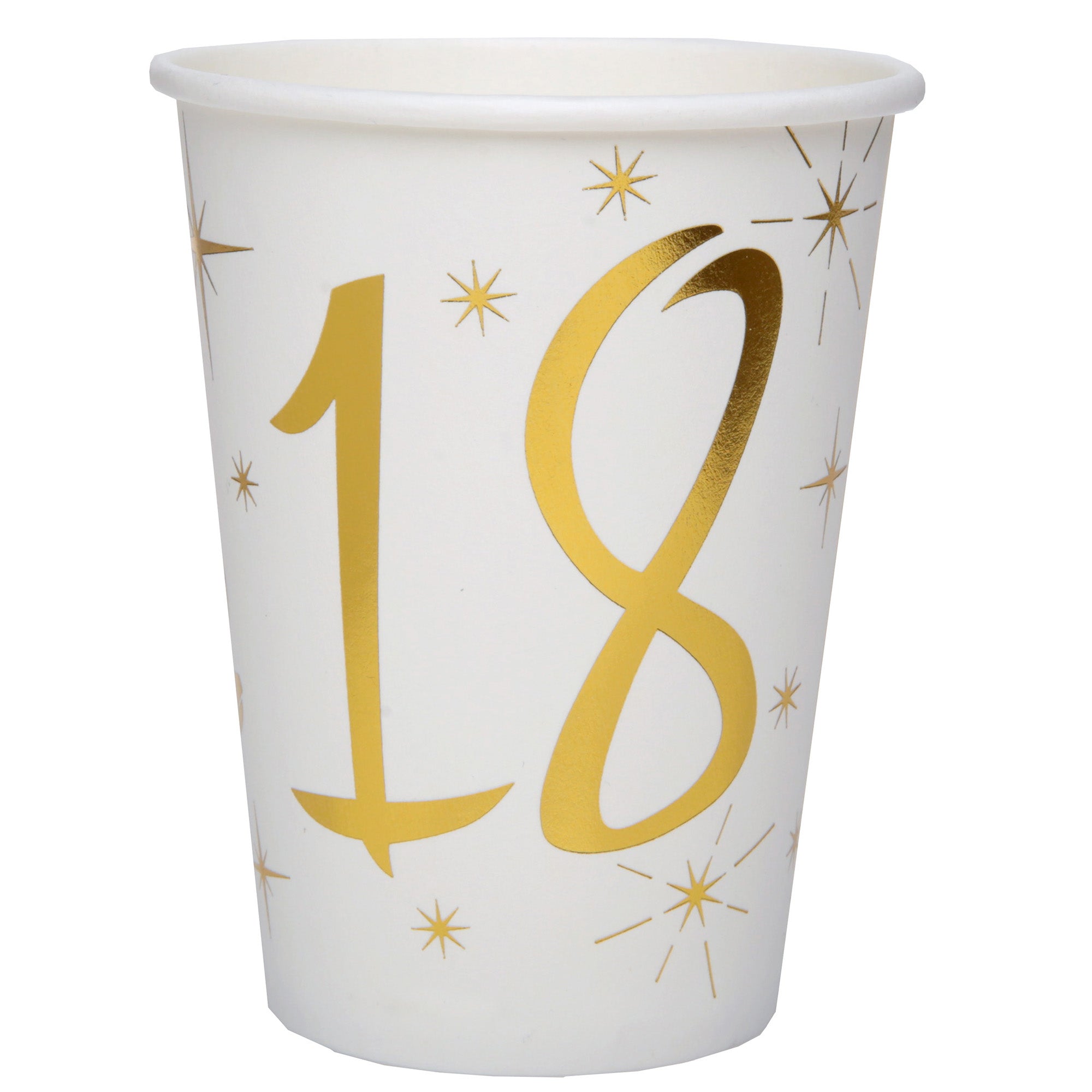 Age 18 10 Paper Cups White and Gold 9oz