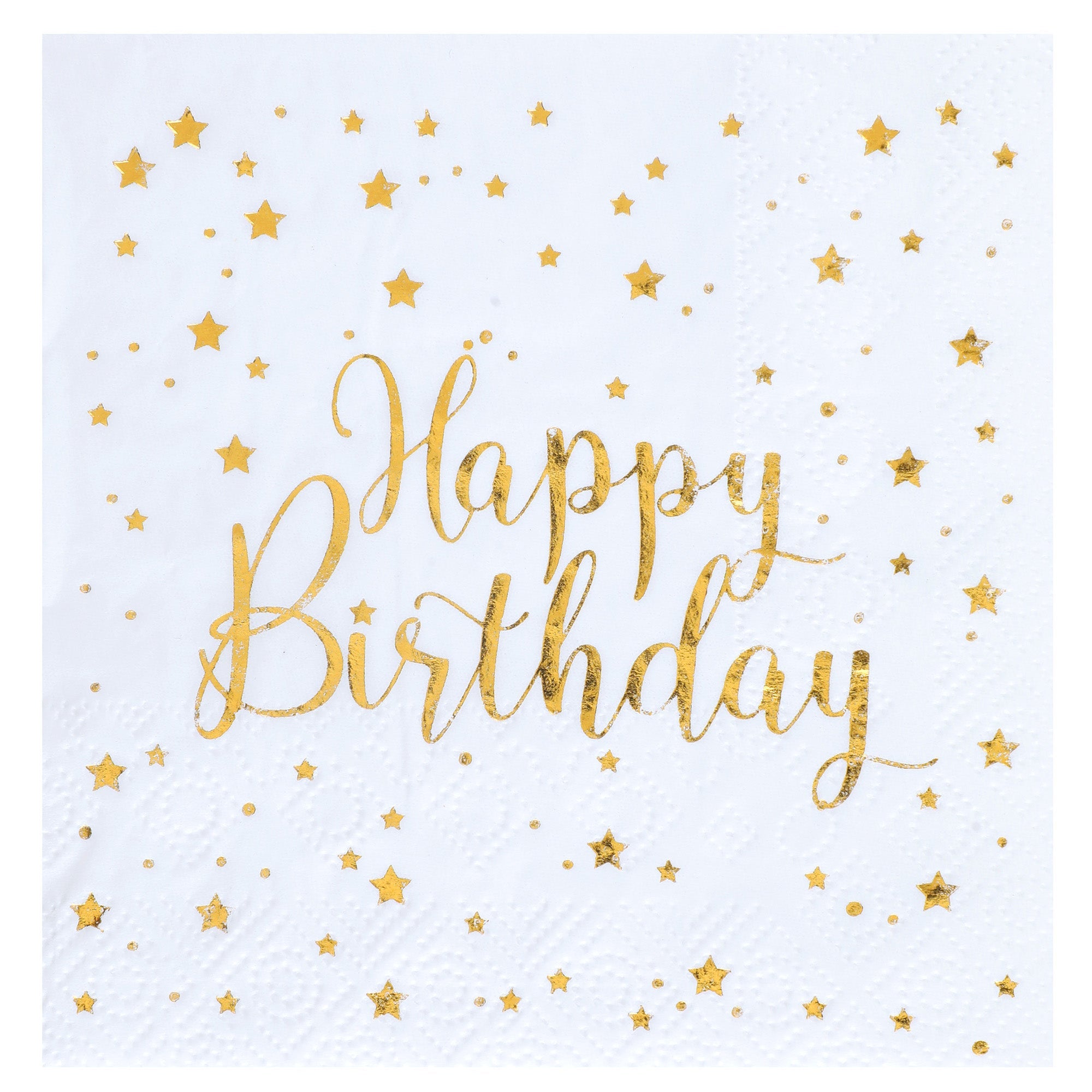 Happy Birthday 20 Beverage Napkins White and Gold 10x10in