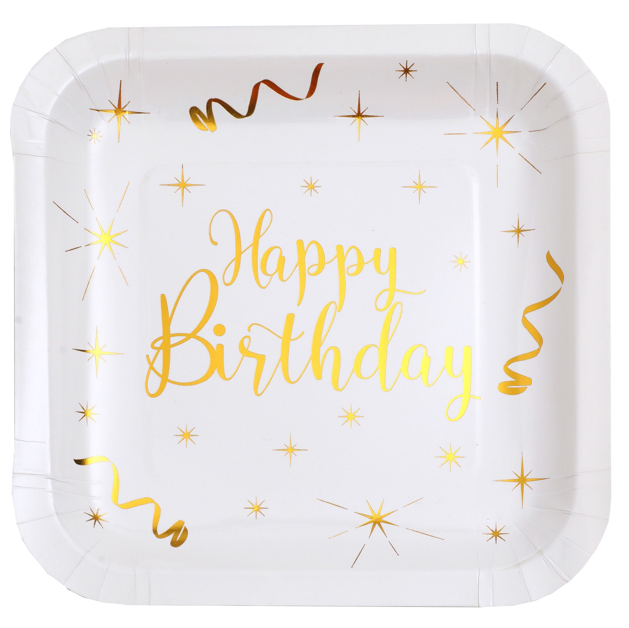 Happy Birthday 10 Square Paper Plates White and Gold 9x9in