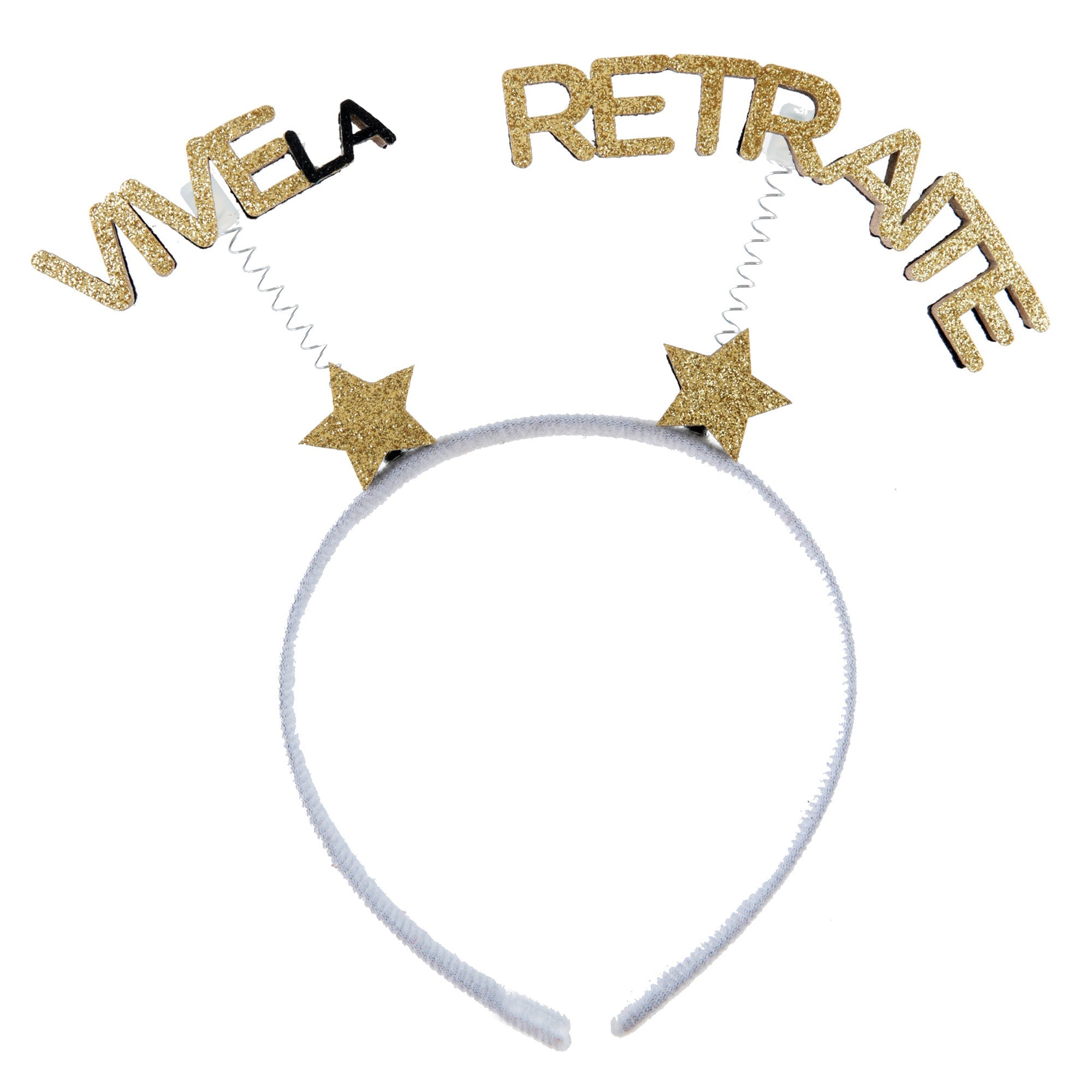 Vive La Retraite Glitter Headband White and Gold 7.9x7.5in