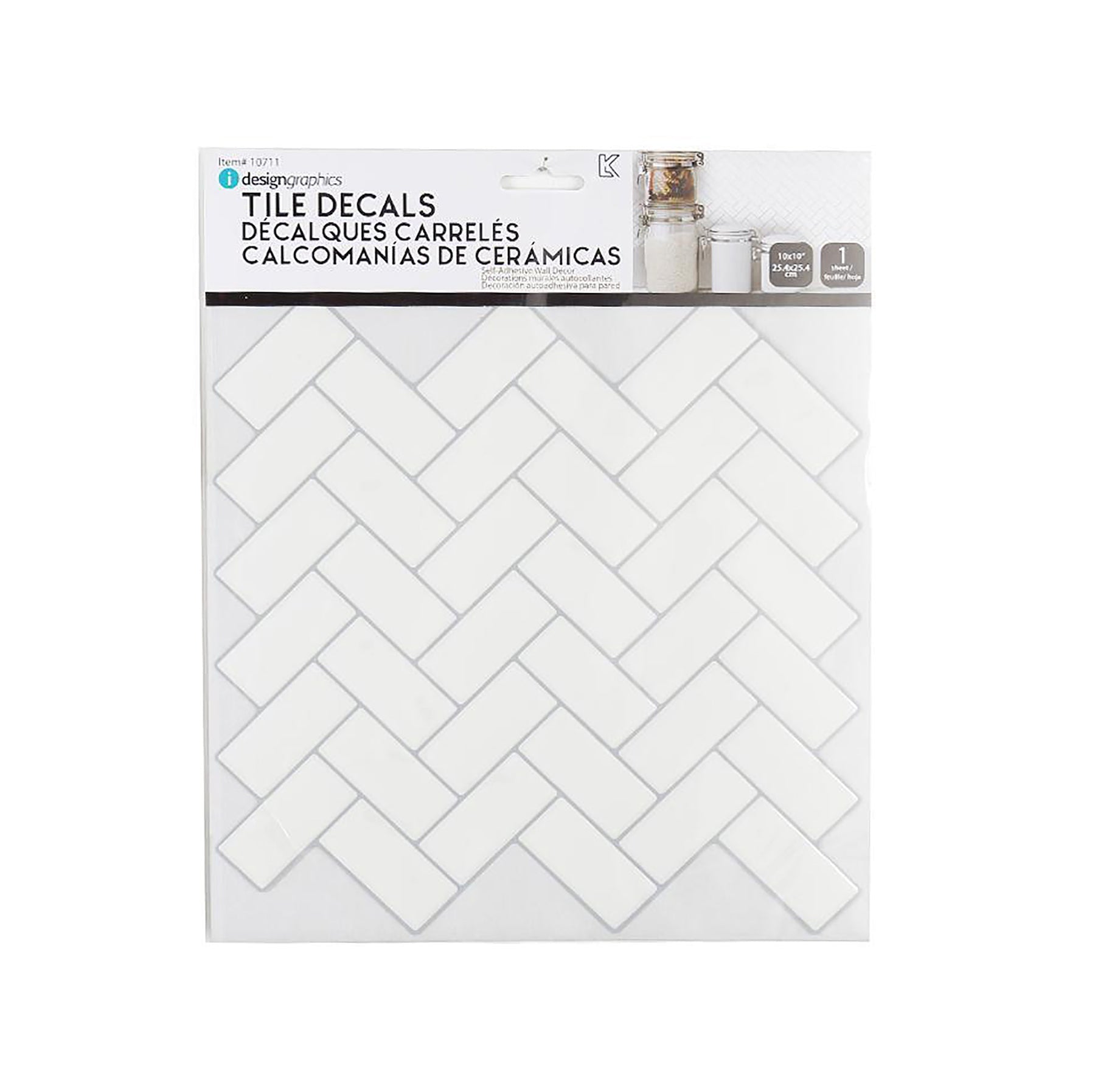 iDesign Wall Decals Herringbone Tile White 10x10in