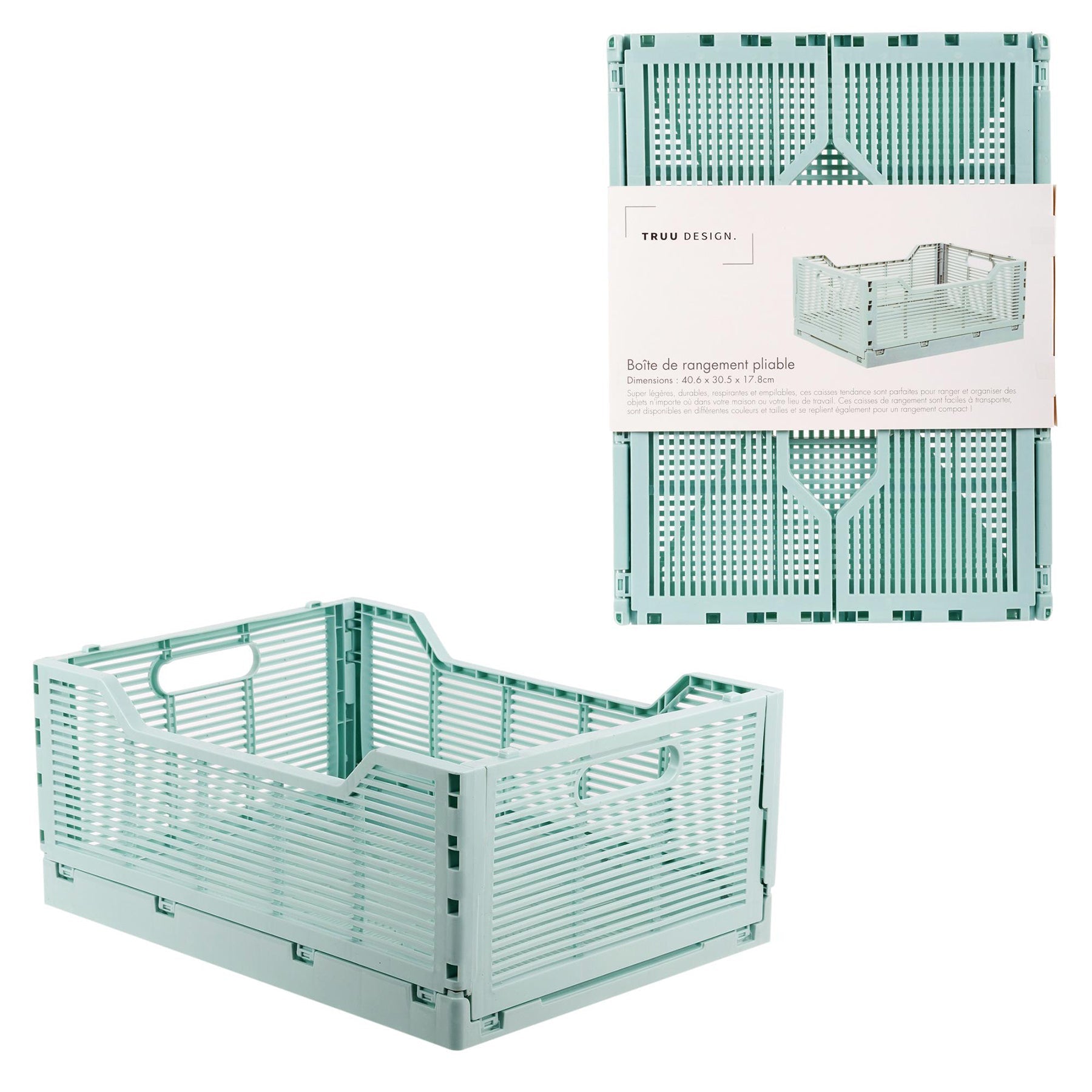 Folding Storage Crate Seafoam Plastic 16x12x7in