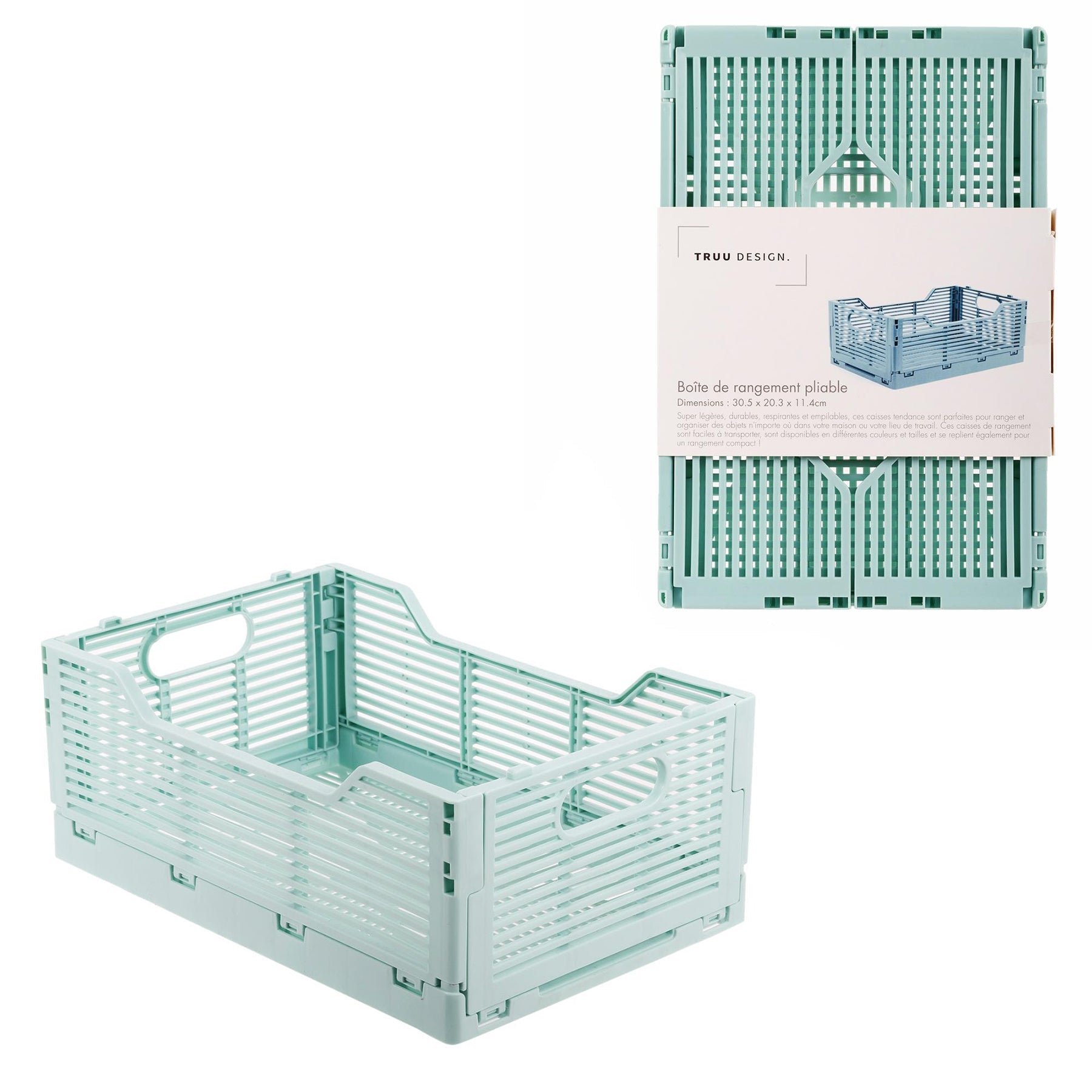 Folding Storage Crate Seafoam Plastic 12x8x4.5in