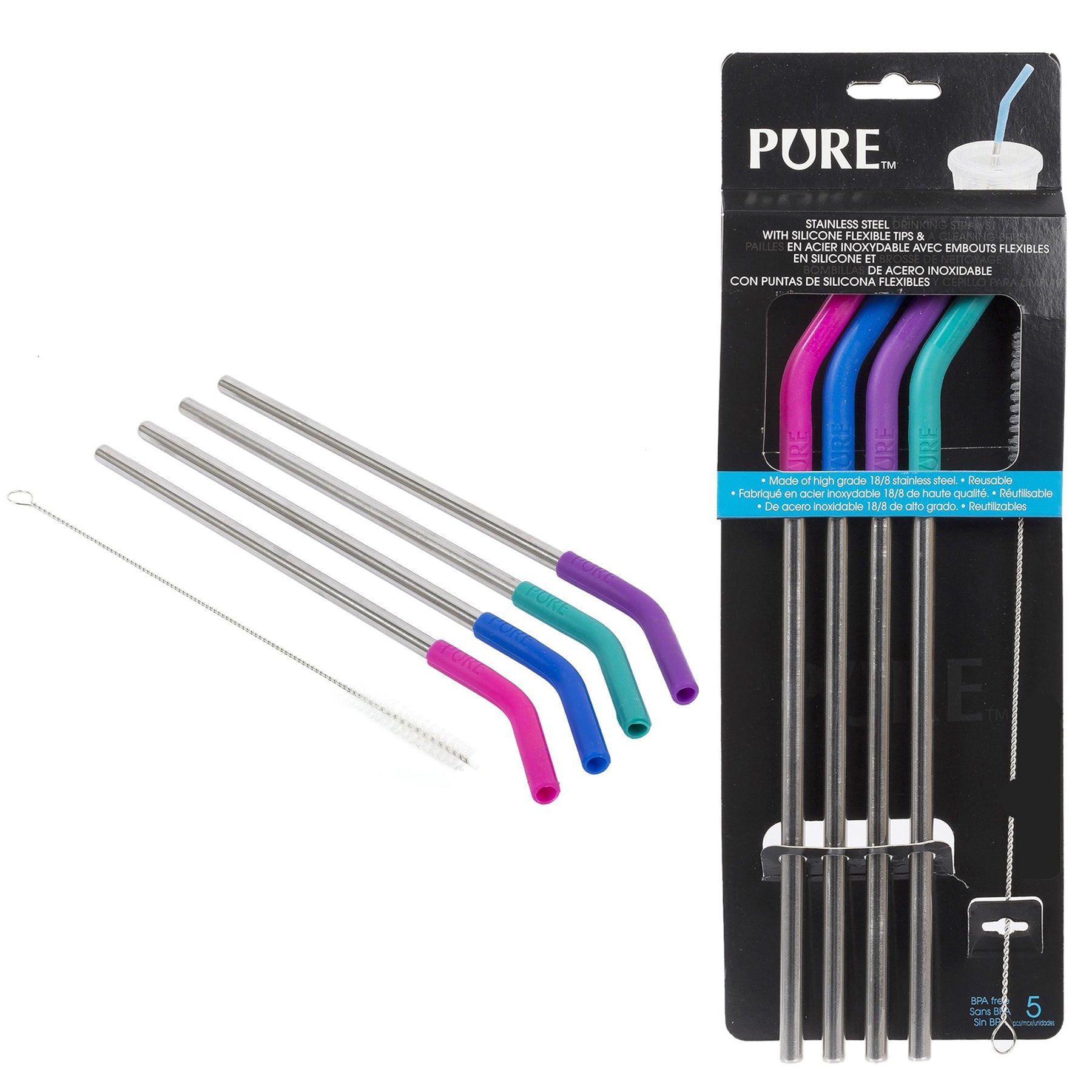 Pure 4 Stainless Steel Straws Silicone Tip with Brush 10.5in