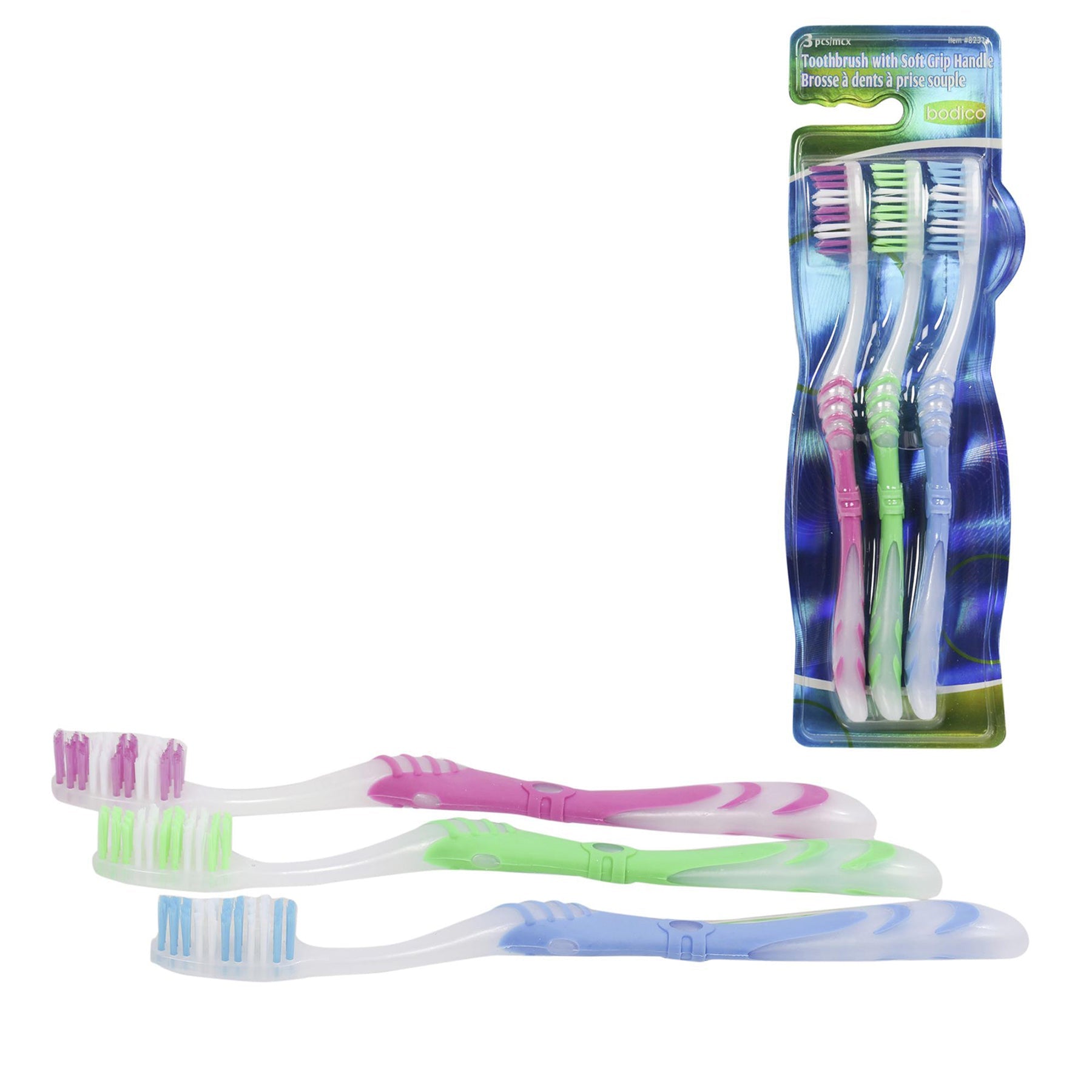 Bodico 3 Toothbrushes with Soft Grip Handle 7.25in