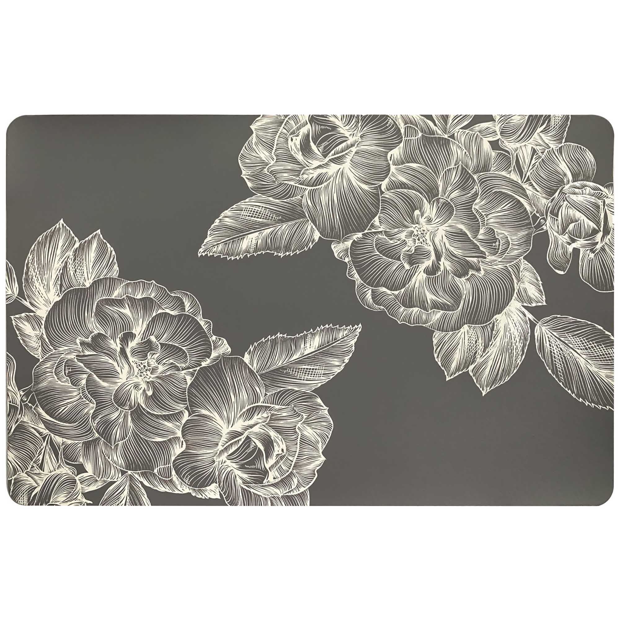 Grey PVC Printed Floral Placemat 17x11.2in