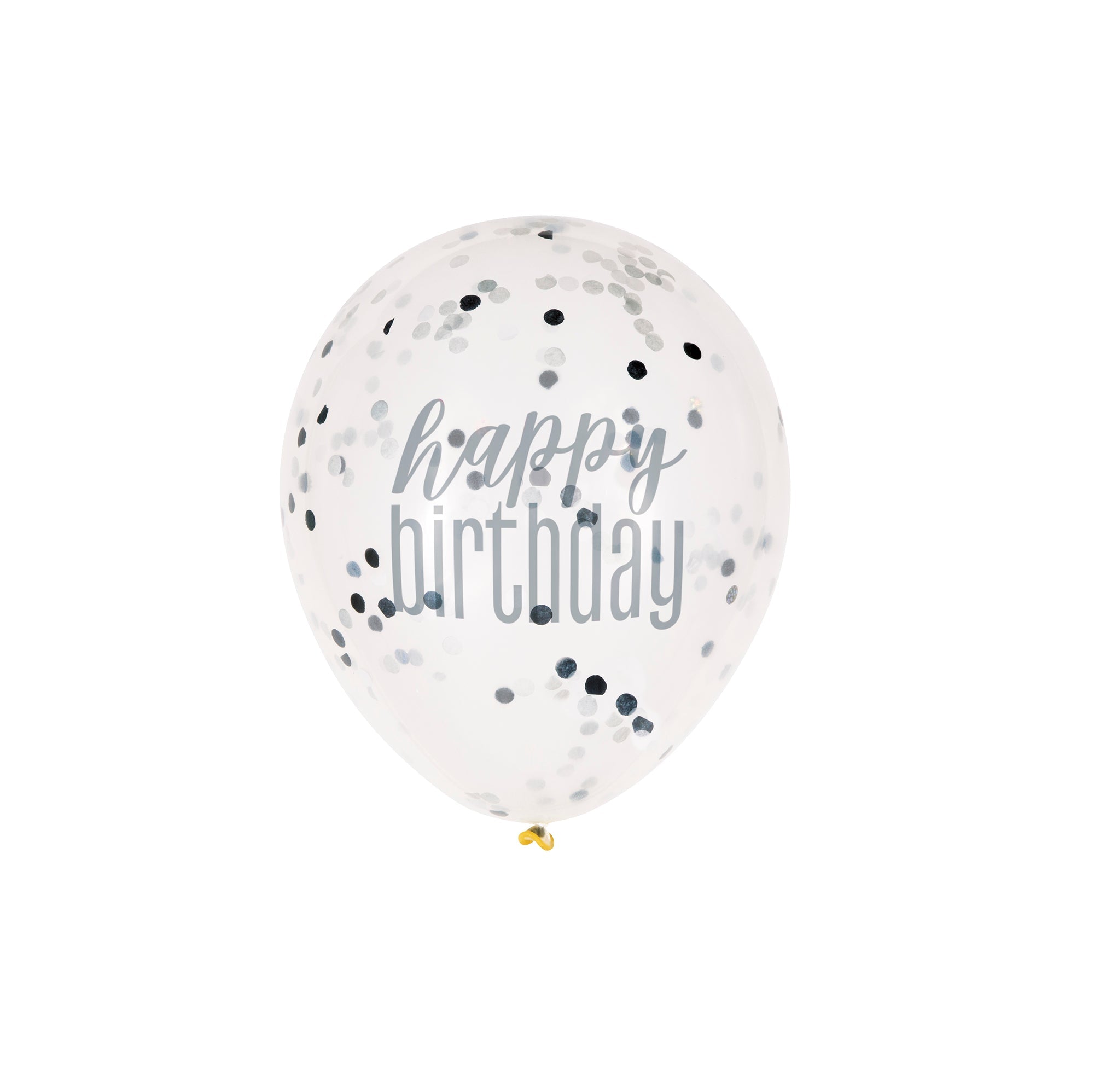 6 Happy Birthday Clear Latex Balloons 12in with Black Silver Confetti