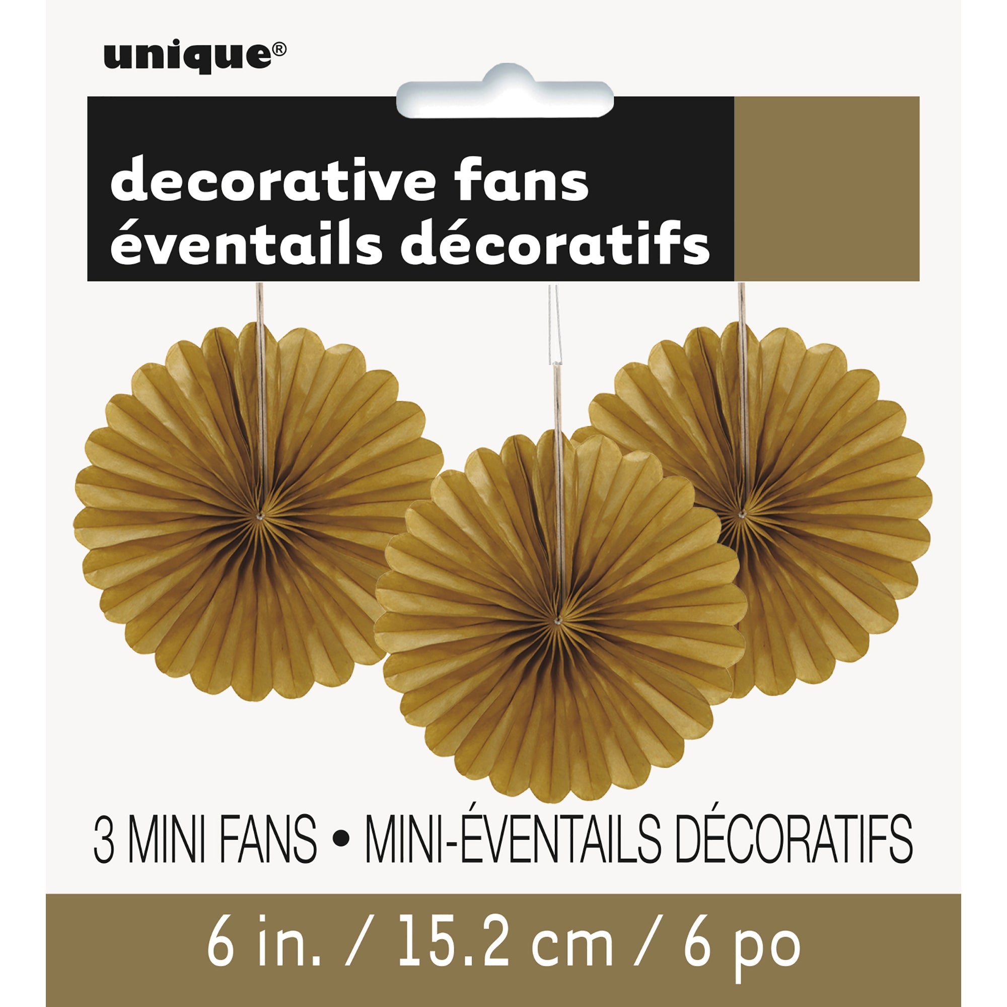 3 Mini Decorative Fans Gold Tissue 6in